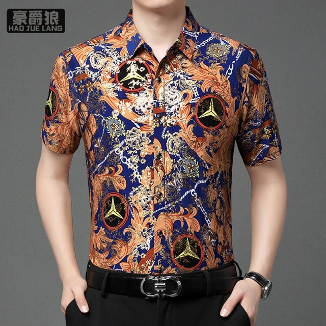 11632690.夏季冰丝短袖衬衫男士中年休闲宽松印花免烫薄款爸爸装衬衣