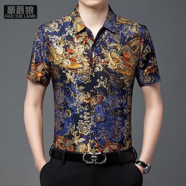 11632710.男士烫金印花短袖休闲花衬衫冰丝中年薄款男款半袖爸爸装衬衣夏季