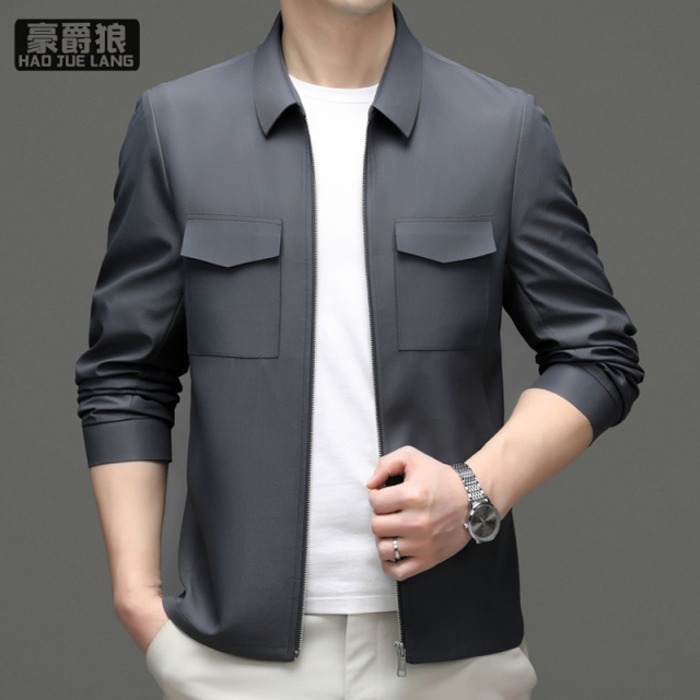 11640311.男士翻领夹克秋中青年时尚百搭外套简约轻商务休闲派克