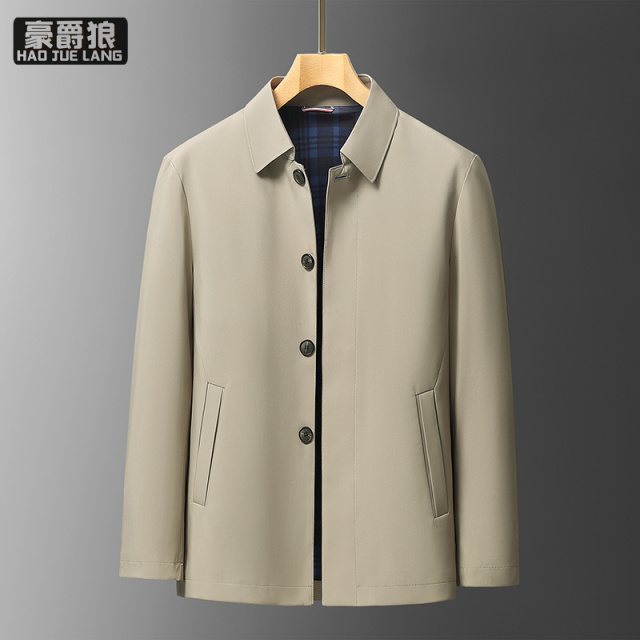 11640303.中老年男士翻领风衣中长款春装爸爸外套商务休闲行政干部夹克衫新