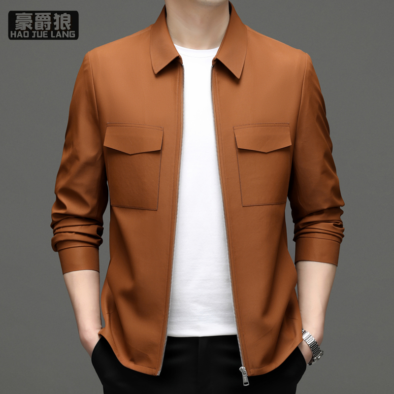 11640311.男士翻领夹克秋中青年时尚百搭外套简约轻商务休闲派克