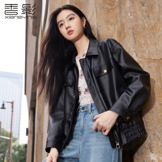 11643891.复古机车皮衣夹克翻领宽松甜酷美拉德开衫外套