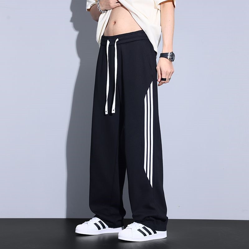 11646894.歌谛婕 男士拼接条纹弹力直筒休闲裤松紧腰系带宽松运动长裤