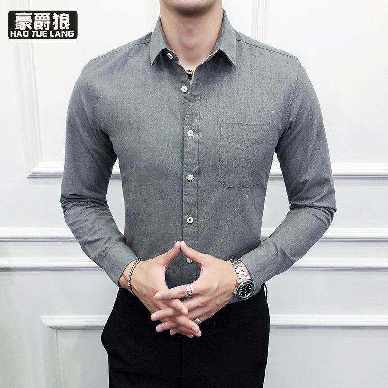 11647928.秋季男士长袖衬衫杉棉制修身上衣长袖休身修闲寸忖衬衣村男衫