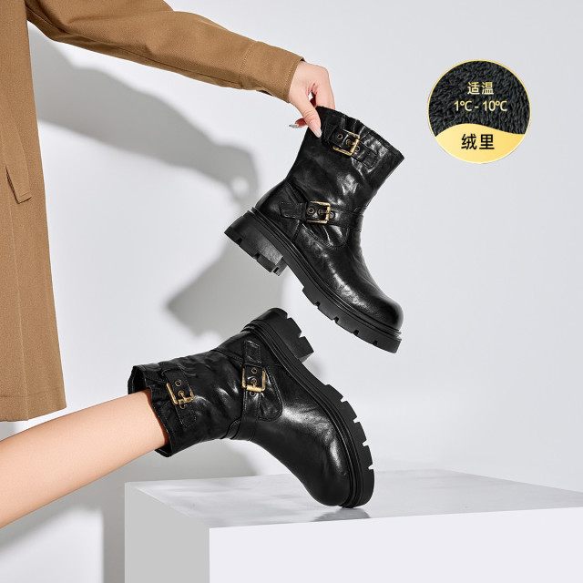 11654719.ELLE牛皮革时尚加绒女靴复古休闲靴秋冬款皱皮时装女短靴子女棉靴