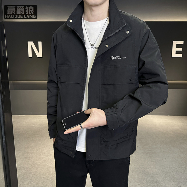 11655625.男士薄款外套春秋季新款修身潮流立领工装夹克青年茄克衫褂子