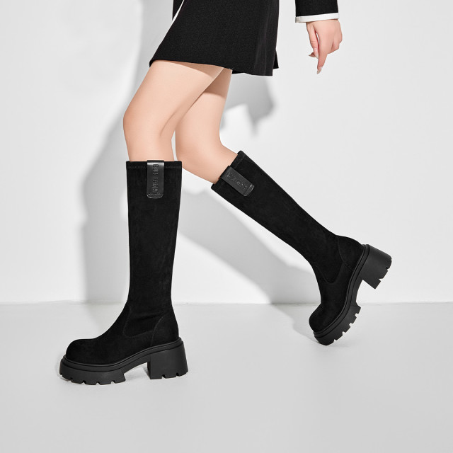 11655519.ELLE气质百搭时尚弹力靴女春季显瘦简约长筒靴女厚底增高瘦瘦靴