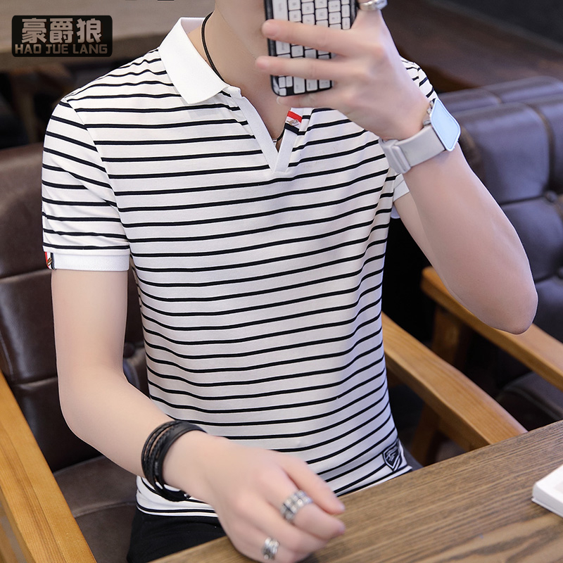 11656808.夏季翻领男士t恤短袖韩版polo衫潮流帅气条纹半袖体恤男上衣