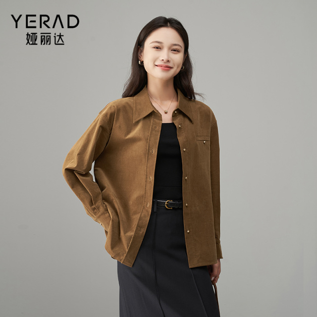 11658746.【娅丽达】复古风磨毛叠穿衬衫女时尚百搭休闲衬衣女外套