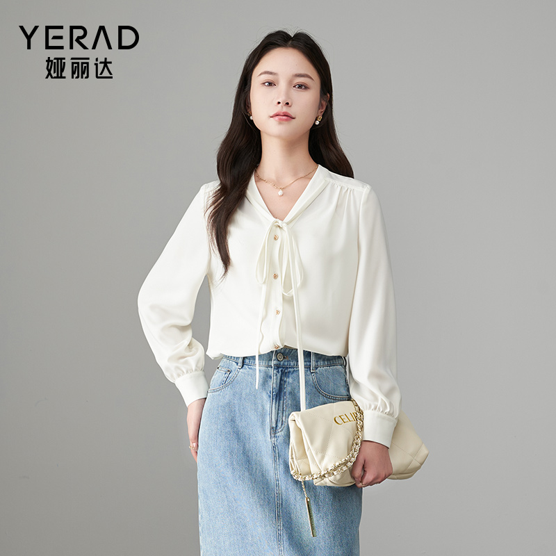 11658784.【娅丽达】法式优雅系带领衬衣女时尚百搭通勤长袖衬衫
