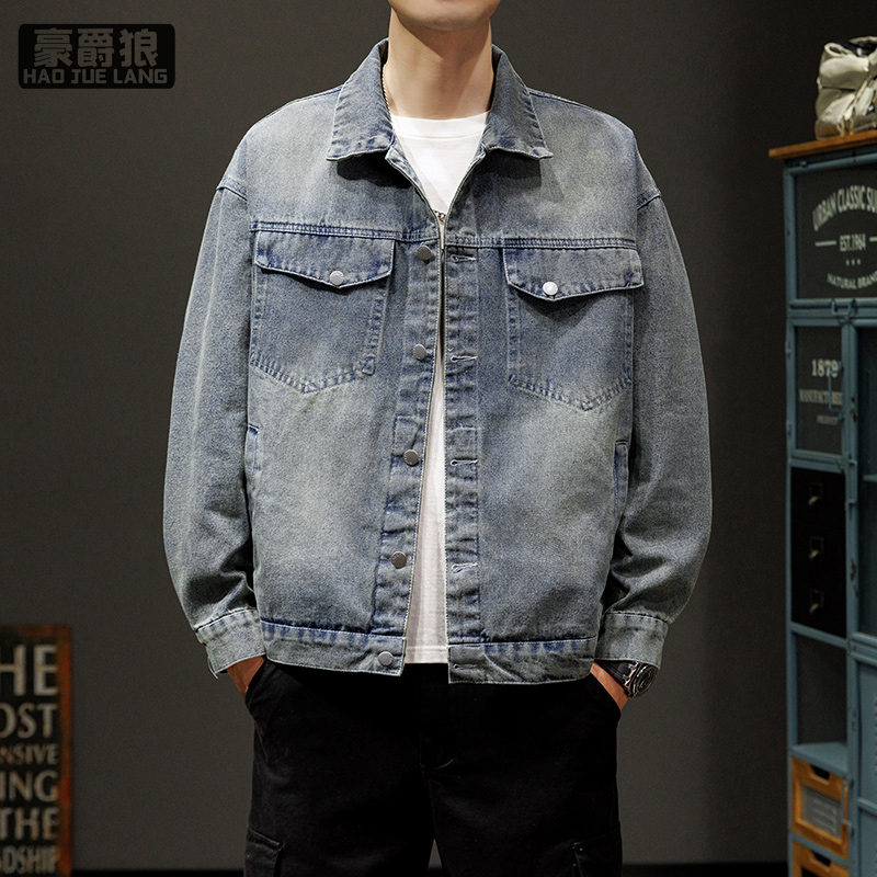 11661406.高端重工砂洗美式潮牌牛仔外套男春秋痞帅复古帅气夹克