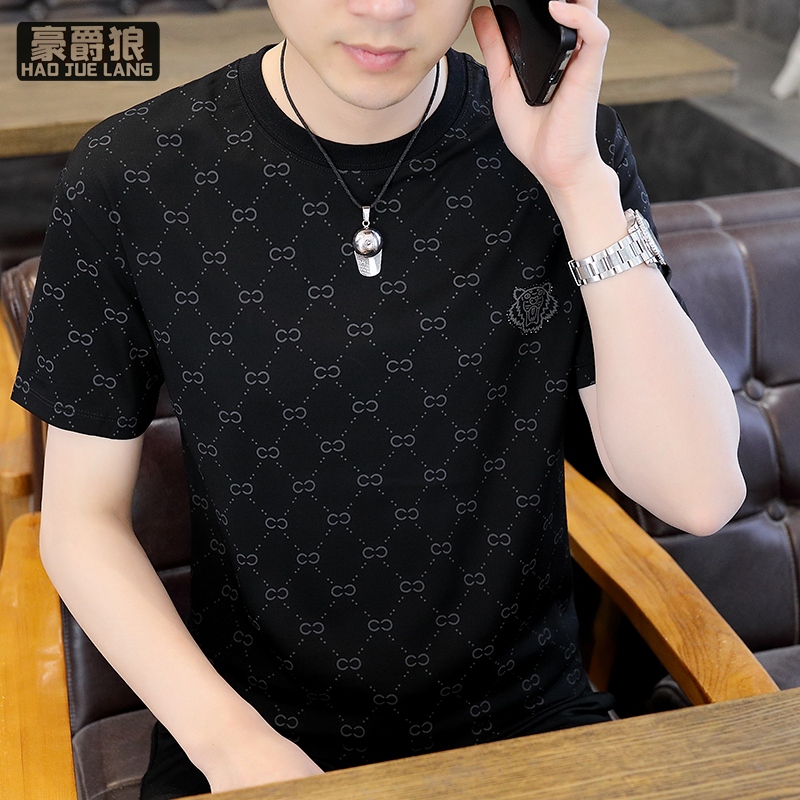 11661405.冰丝短袖t恤男士圆领体恤夏季新款潮流提花半袖衫男T