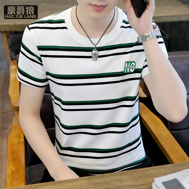 11661414.夏天条纹圆领男士短袖t恤青年潮流帅气时尚修身韩版夏季上衣体恤