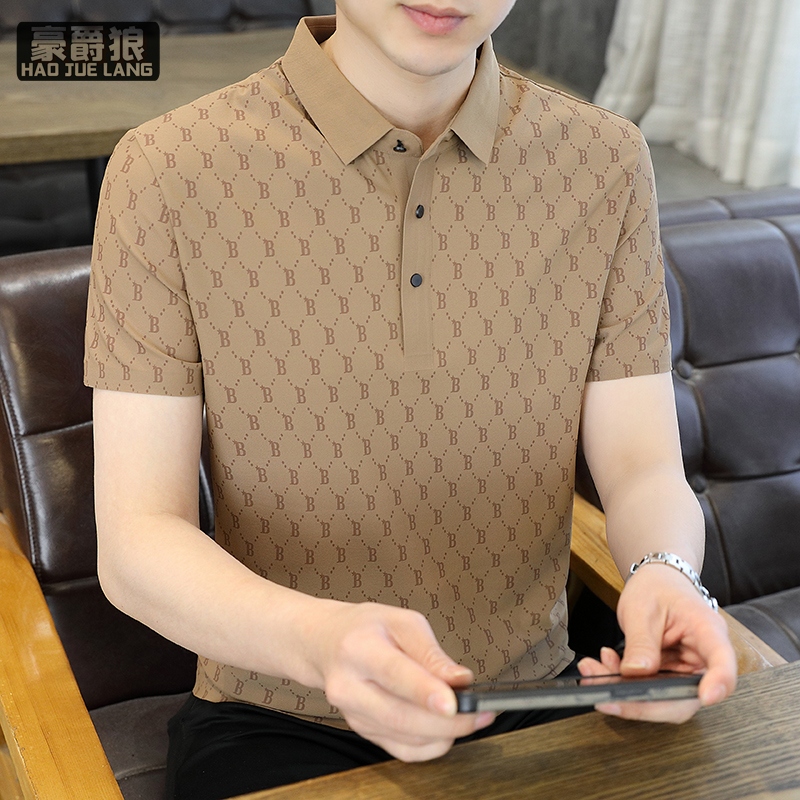 11661407.夏季新款高端字母印花短袖t恤男薄款弹力冰丝无痕翻领polo衫