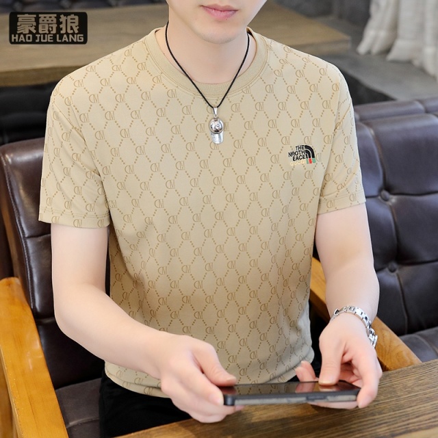 11661356.夏季新款圆领印花冰丝短袖t恤男士薄款商务休闲帅气体恤上衣高端