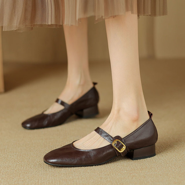 11662460.Hanychen头层羊皮粗跟一字扣浅口玛丽珍圆头单鞋手工真皮女鞋
