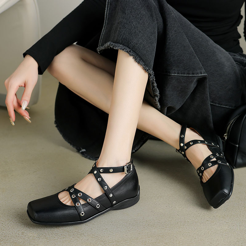 11661999.Hanychen牛皮粗跟方头绑带芭蕾单鞋手工真皮女鞋