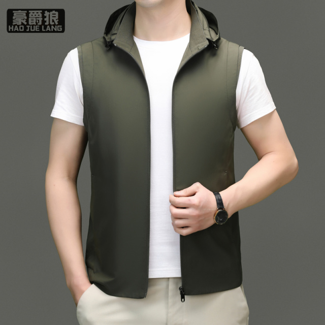 11661386.男士连帽马甲新款春夏高端休闲坎肩背心薄款无痕无袖外套