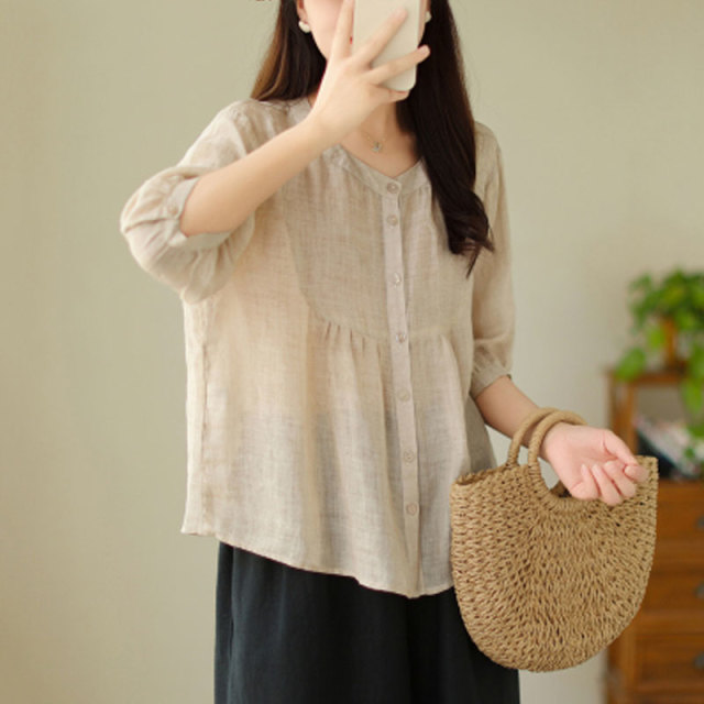 13460501.初云紫衣春夏装 女立领衬衫宽松显瘦七分袖设计感纯色小衫开衫9799