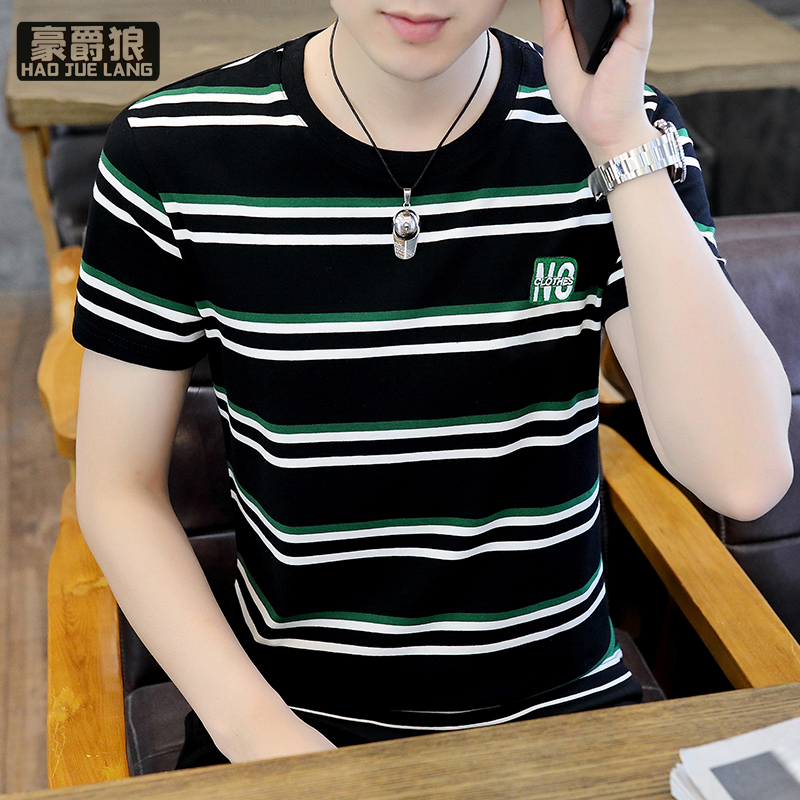 11661414.夏天条纹圆领男士短袖t恤青年潮流帅气时尚修身韩版夏季上衣体恤