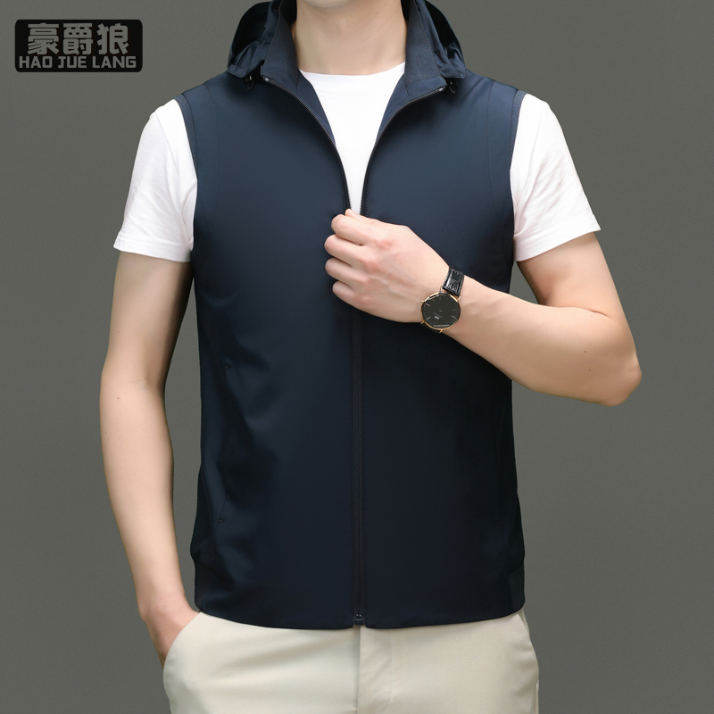 11661386.男士连帽马甲新款春夏高端休闲坎肩背心薄款无痕无袖外套