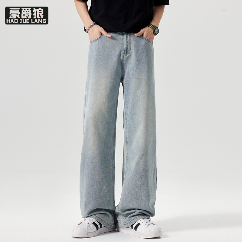 11661355.阔腿浅色牛仔裤男士春秋季新款直筒宽松潮牌美式休闲裤