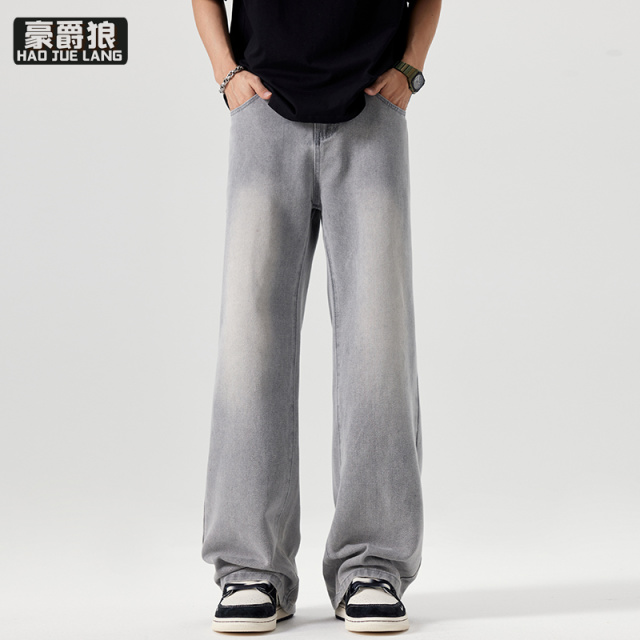 11661355.阔腿浅色牛仔裤男士春秋季新款直筒宽松潮牌美式休闲裤