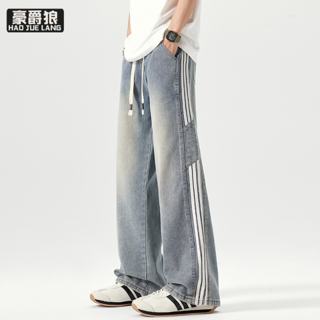 11661387.美式三条杠牛仔裤男宽松直筒裤子潮牌复古阔腿春秋季长裤男