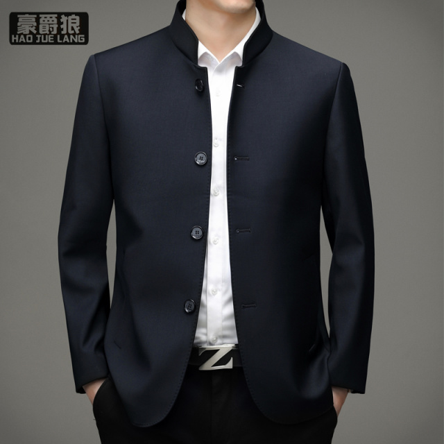 11661411.高级感中老年夹克男中山装春秋立领西服男行政干部商务外套
