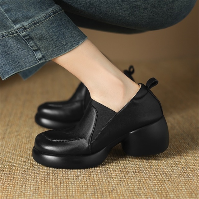 11664258.Hanychen羊皮粗跟厚底软皮面弹力百搭单鞋手工真皮女鞋