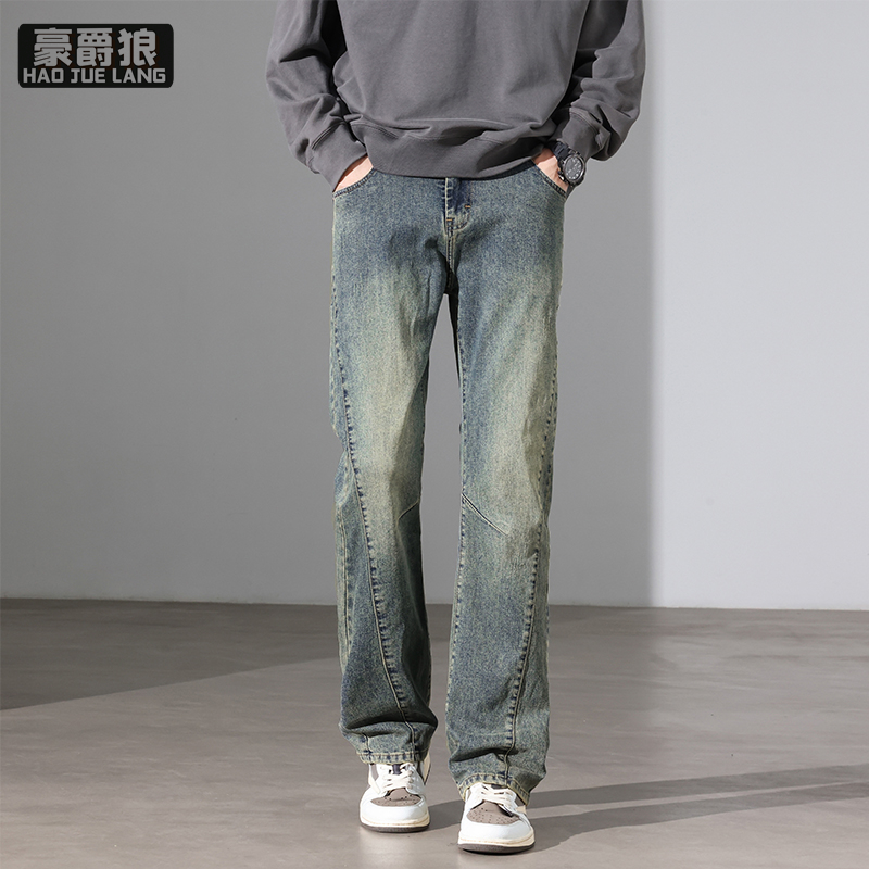 11669704.美式复古牛仔裤男春季新款潮牌工装裤百搭休闲微喇裤子男士