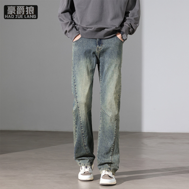 11669704.美式复古牛仔裤男春季新款潮牌工装裤百搭休闲微喇裤子男士
