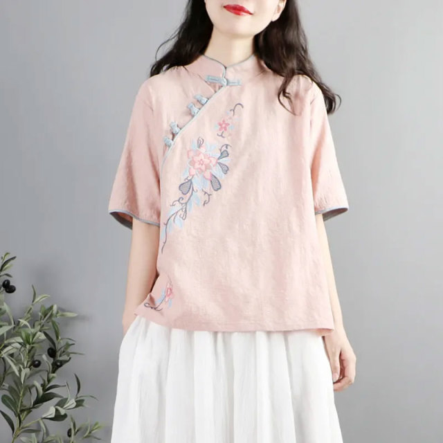 13460488.初云紫衣春夏装 女新中式复古盘扣上衣禅意茶服短袖刺绣文艺衬衫6288
