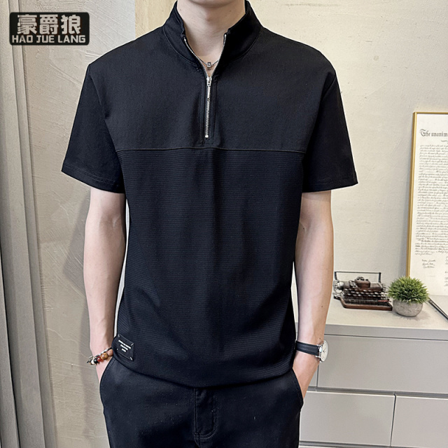 11676219.拼接提花青年半拉链立领短袖T恤夏季新款必备短袖T恤衫
