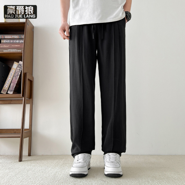 11676269.春夏新款男裤中线垂感弯刀裤高级感冰丝亚麻宽松直筒休闲裤