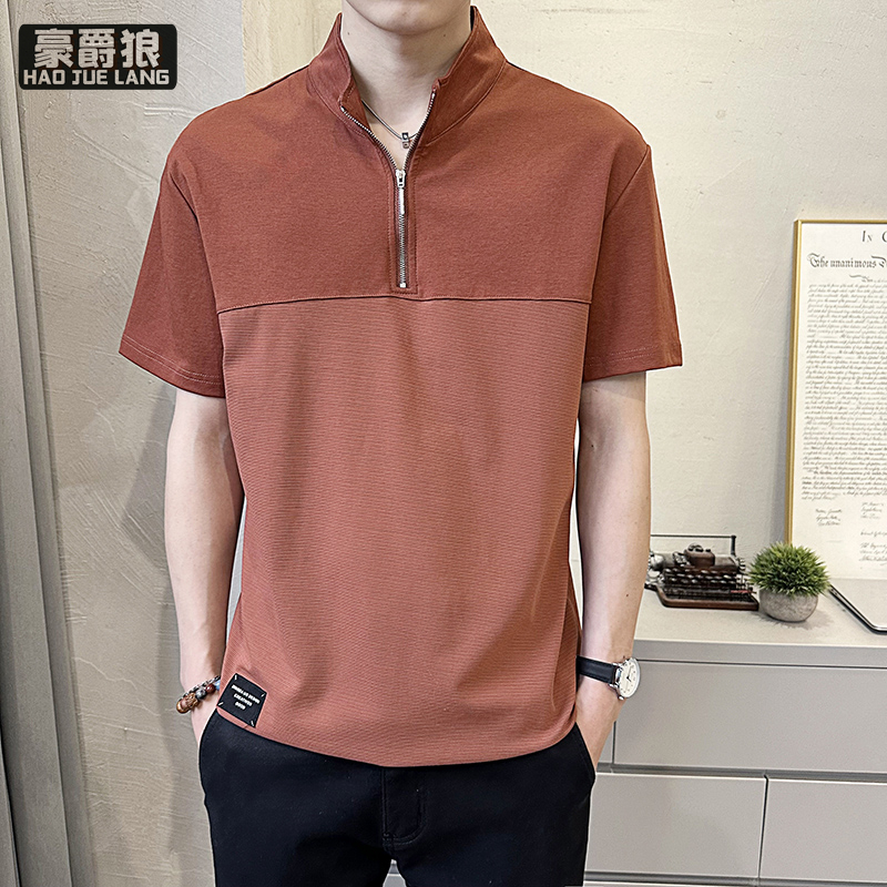11676219.拼接提花青年半拉链立领短袖T恤夏季新款必备短袖T恤衫
