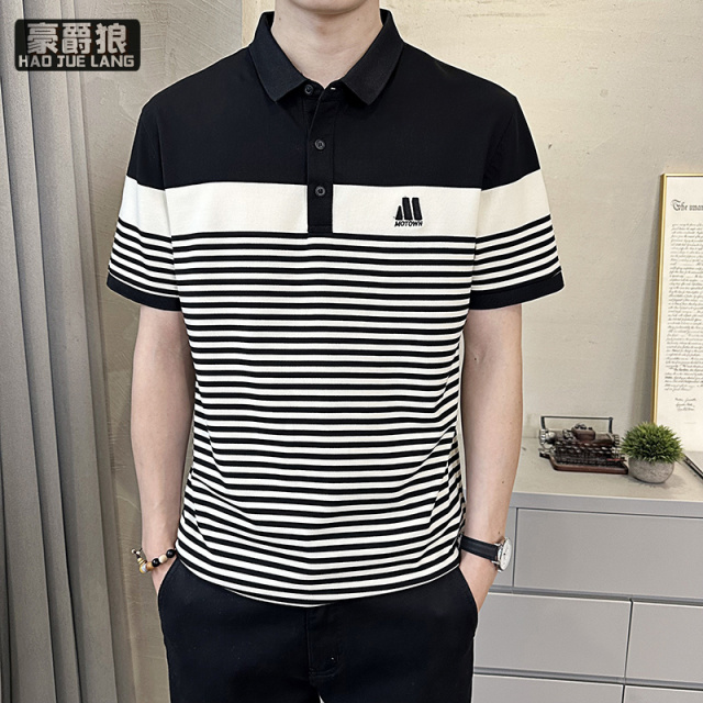 11676280.衬衫男士短袖polo衫新款夏季潮流高级感撞色条纹夏天衬衣