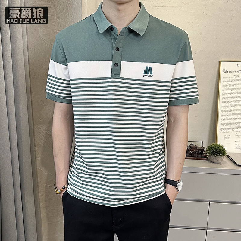 11676280.衬衫男士短袖polo衫新款夏季潮流高级感撞色条纹夏天衬衣