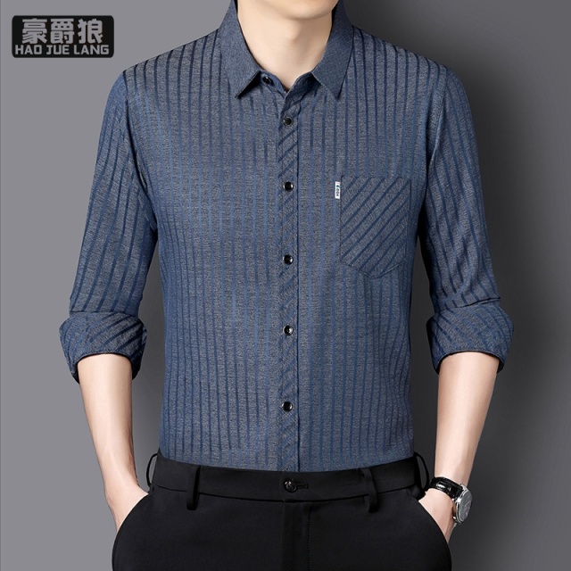 11681912.新款桑蚕丝长袖衬衫秋季中老年人宽松条纹亚麻口袋衬衣爸爸装