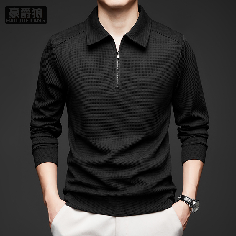 11681932.春季新款半拉链卫衣纯色长袖T恤男翻领Polo衫休闲百搭上衣