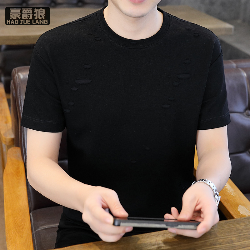 11681955.痞帅破洞短袖t恤男潮牌潮流衣服夏季新款男士韩版半截袖