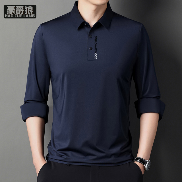 11681962.春季新款长袖无痕T恤男士纯色衬衫袖压标冰丝弹力POLO衫