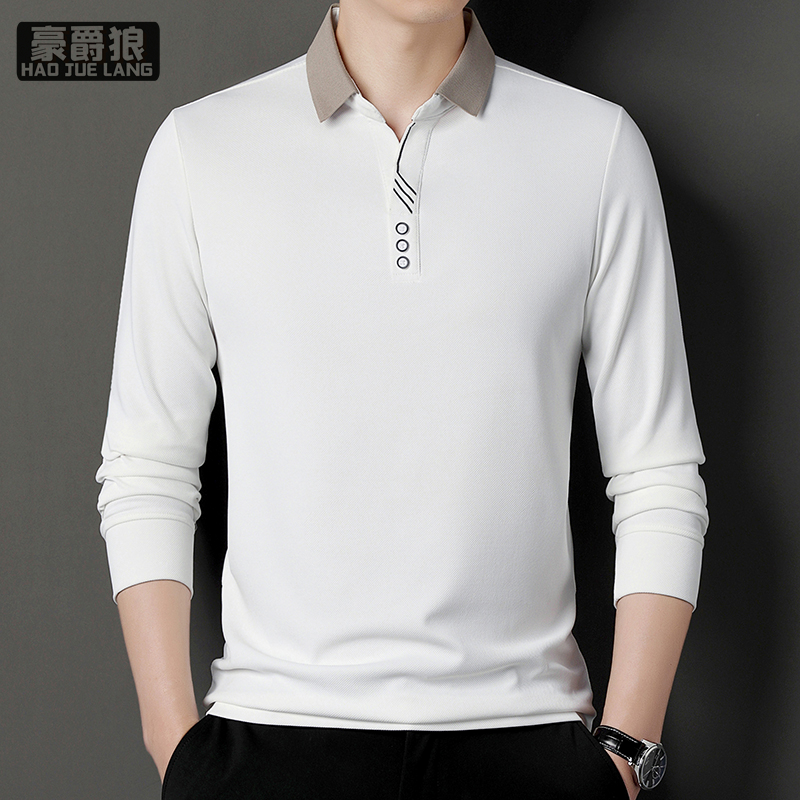 11681937.春季长袖polo衫中年男装纯色翻领休闲t恤宽松翻领体恤上衣