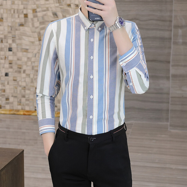 11688400.高端男士纯棉牛津纺时尚条纹休闲长袖衬衫