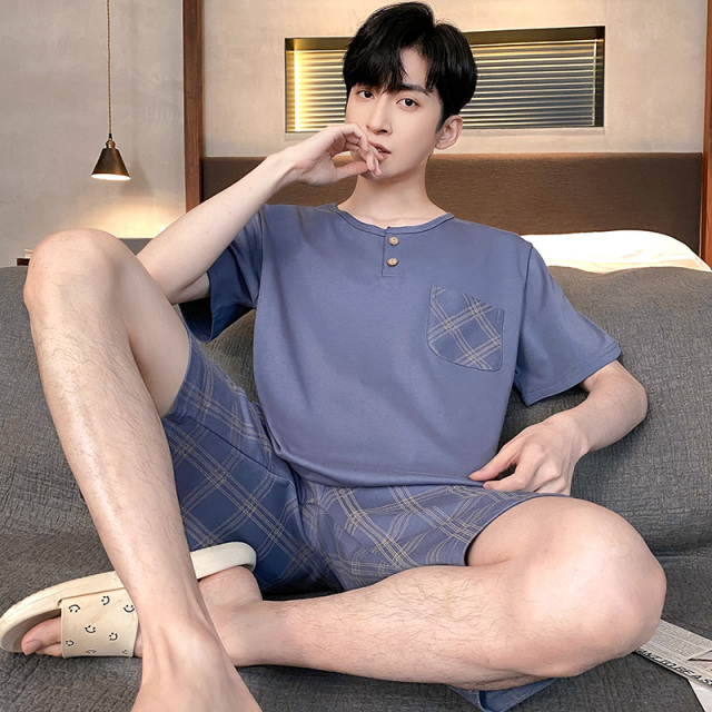 13648275.品彩【简约绅士风】夏季男士睡衣圆领短袖短裤两件套家居服可外穿93026