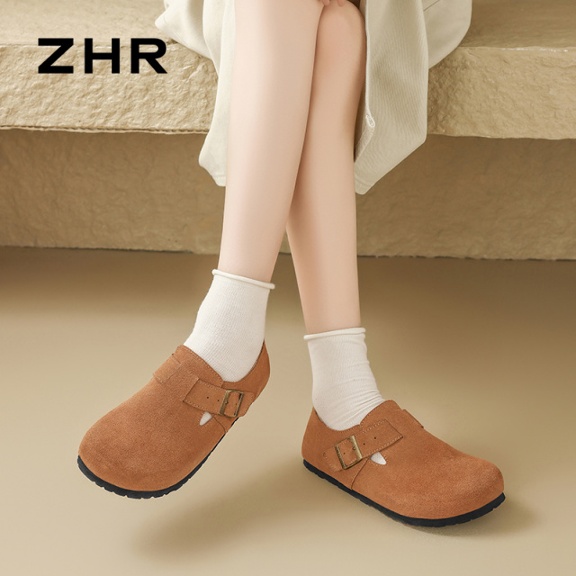 12735210.【ZHR则则】勃肯鞋圆头套脚平底女鞋[牛剖层绒面革]