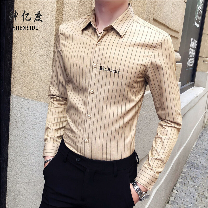 11688555.轻商务男弹力竹纤维抗皱条纹刺绣长袖衬衫