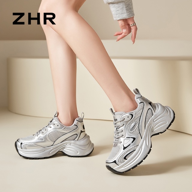 12735198.【ZHR则则】老爹鞋圆头系带厚底女鞋[超纤+网布]