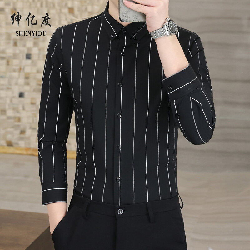 11688572.高档新款轻商务明暗条纹长袖衬衫领扣款