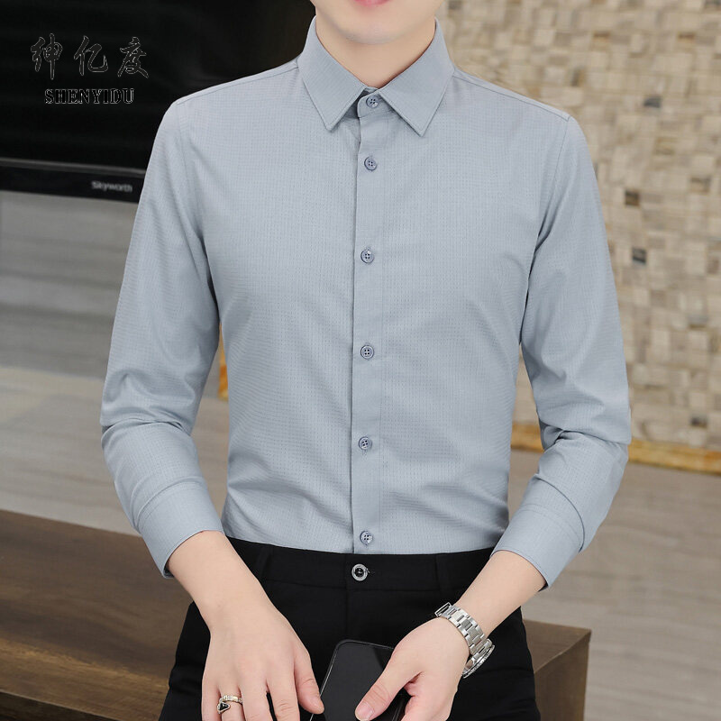 11688573.高档新款轻商务明暗条纹长袖衬衫领扣款